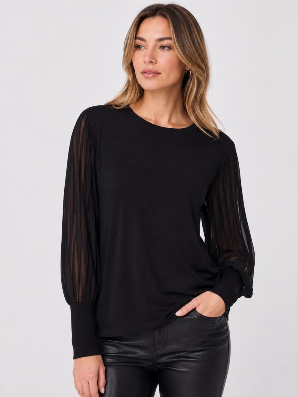 Beautiful Top with sheer pleated sleeves.